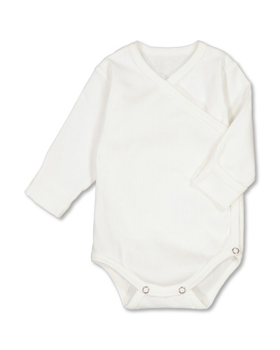 White wrap-around bodysuit with long sleeves, fastened with snap buttons.