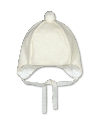 Off-white wool cap, Merino wool, with bobble and strings.