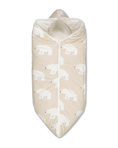 Sleeping bag that can be closed with a zipper. Polar bear motive on beige background, closed.