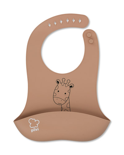 Chocolate brown feeding bib with giraffe pattern, fastening can be adjusted around the neck.