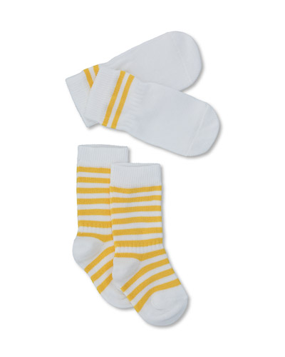 Mittens and socks with yellow and white stripes.