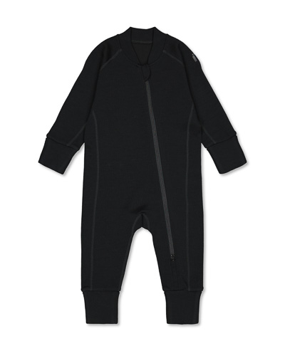 Black coverall of Merino wool, fastened with zipper. 