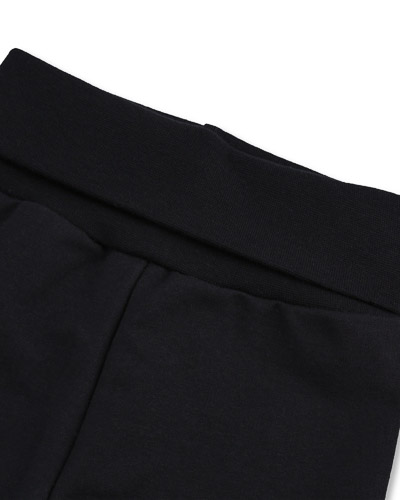Black trousers, foldable stretch fabric at the waist.