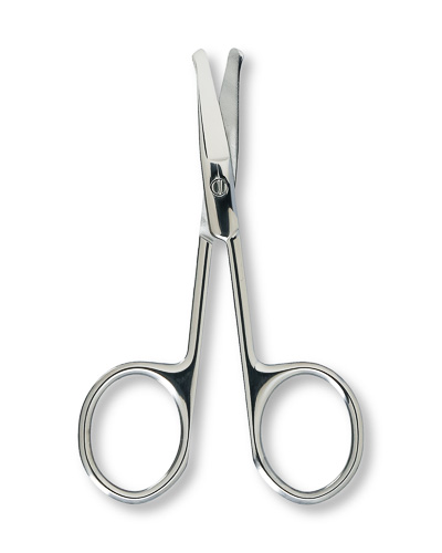 Nail scissors with short blades, opened.