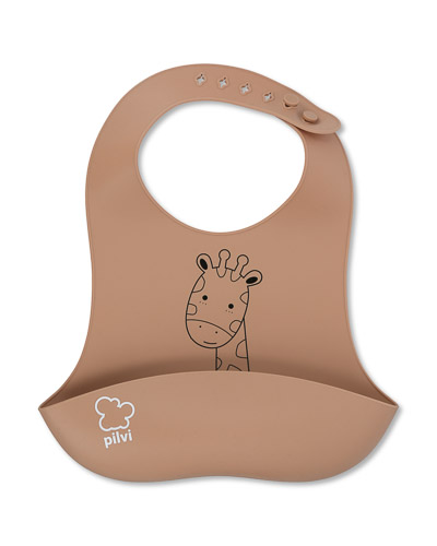 Chocolate brown feeding bib with giraffe pattern, fastening can be adjusted around the neck.